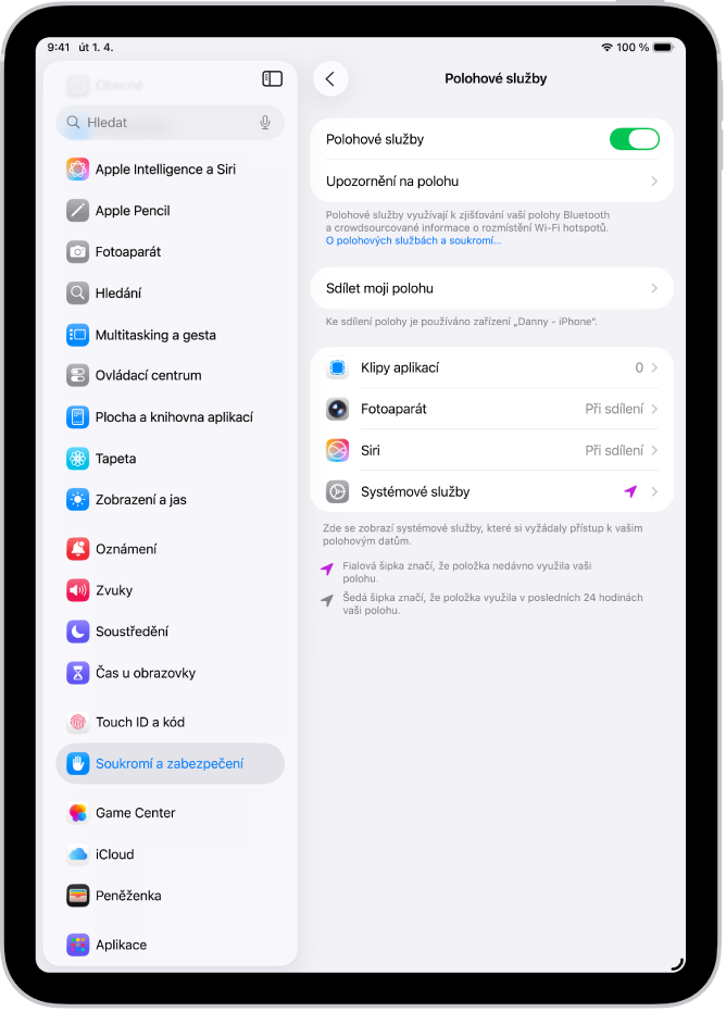 Obrazovka Polohové služby s nastavením sdílení polohy iPadu s aplikacemi