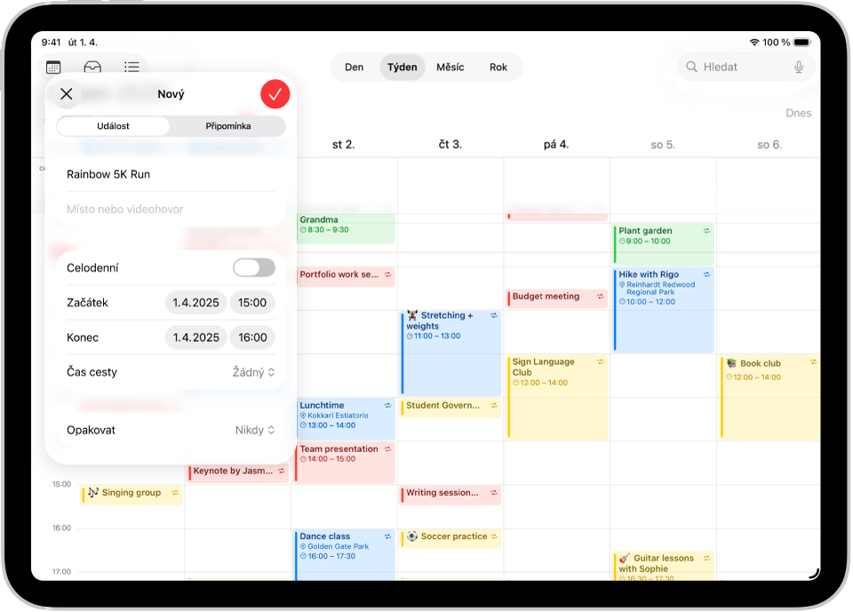 Zobrazení týdne v kalendáři s oknem pro vytváření událostí