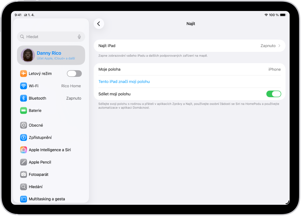 Obrazovka nastavení aplikace Najít s volbami pro zapnutí funkcí Najít iPad a Sdílet moji polohu.