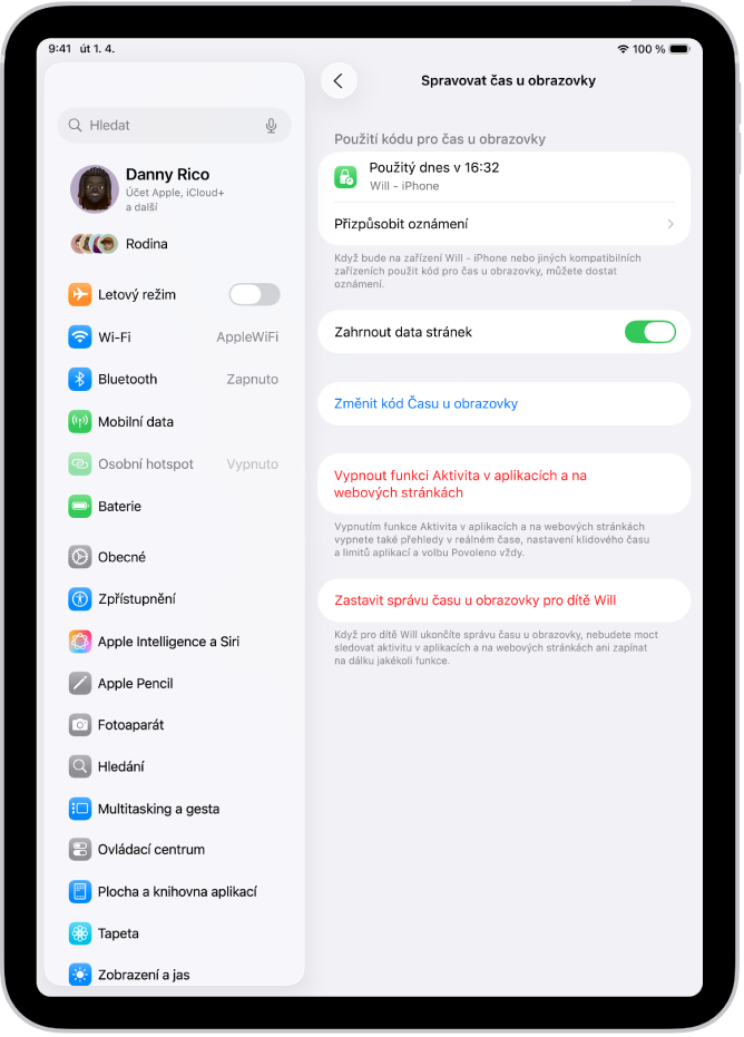 Obrazovka správy čas u obrazovky pro dítě v rodině, s informací, kdy byl naposled použit přístupový kód a na kterém zařízení
