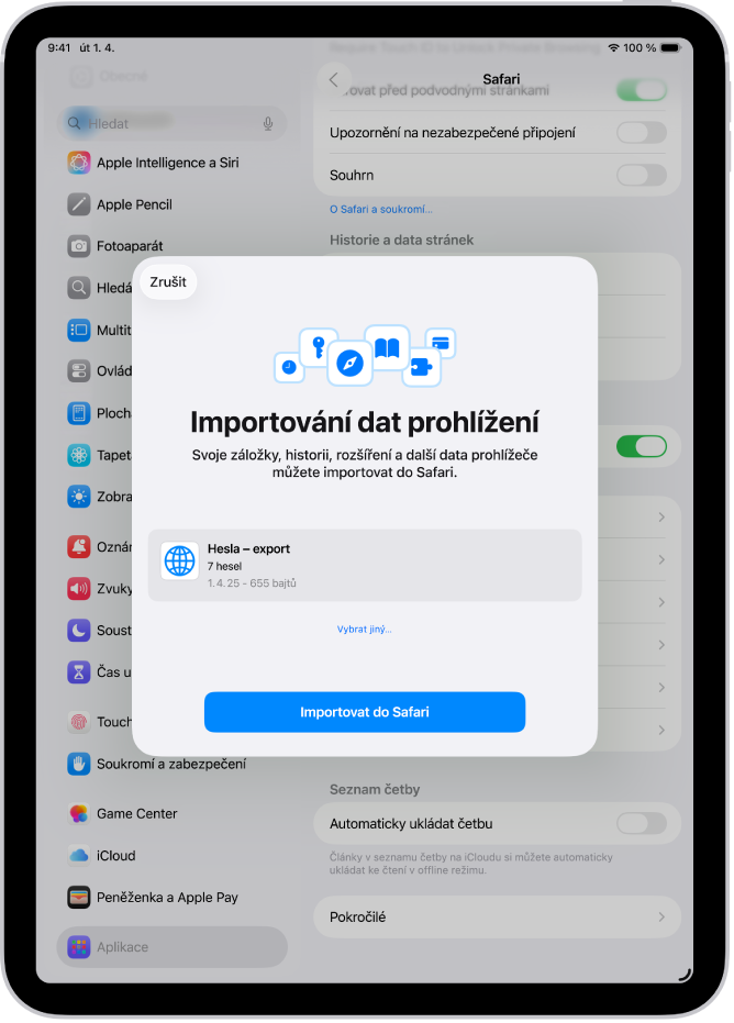 Obrazovka „Importování dat prohlížení“ s CSV souborem s hesly z jiného správce hesel, připraveným k importu