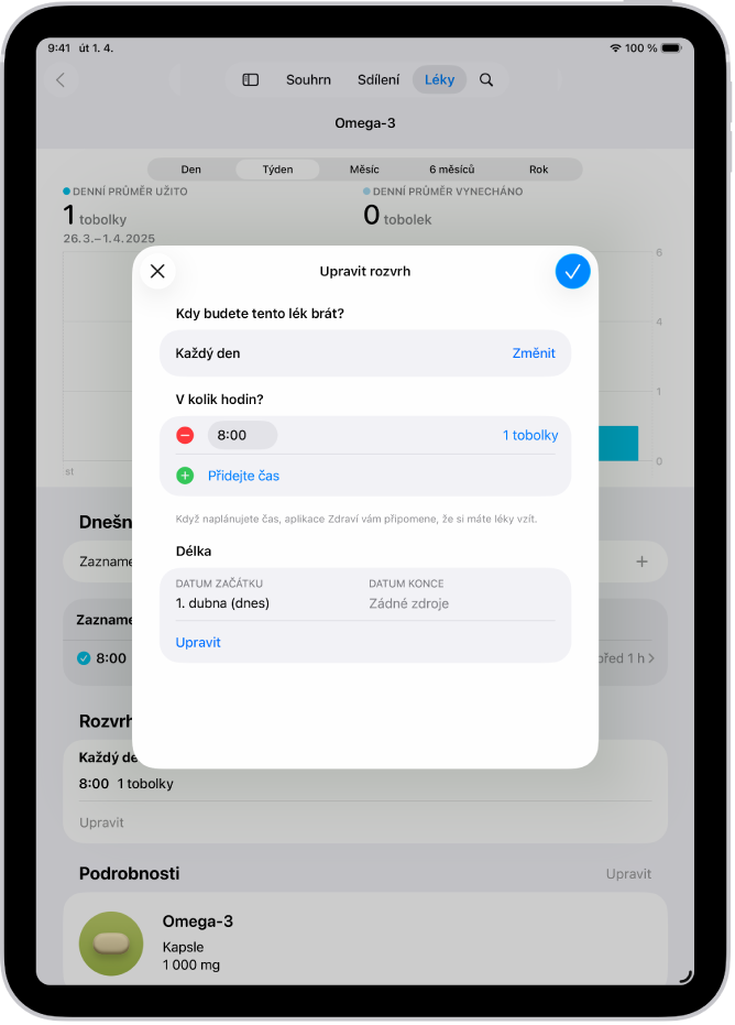 Obrazovka Léky v aplikaci Zdraví zobrazující možnosti změny rozpisu léků.