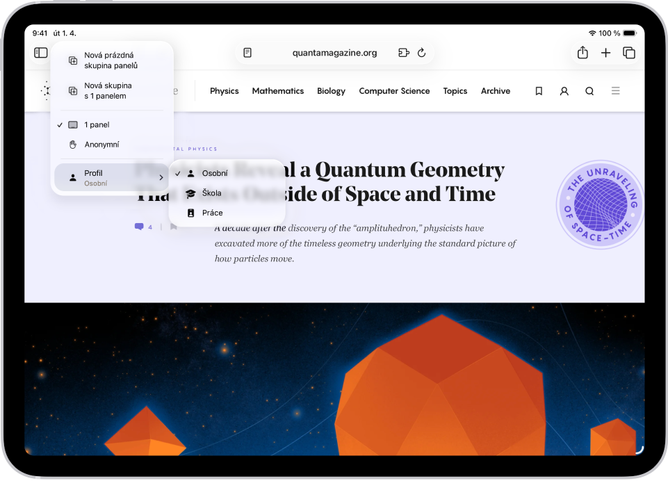 V Safari je otevřená nabídka Skupina panelů. Dole v nabídce je vybrána položka Profil a v nabídce jsou vidět volby Osobní, Škola a Práce.