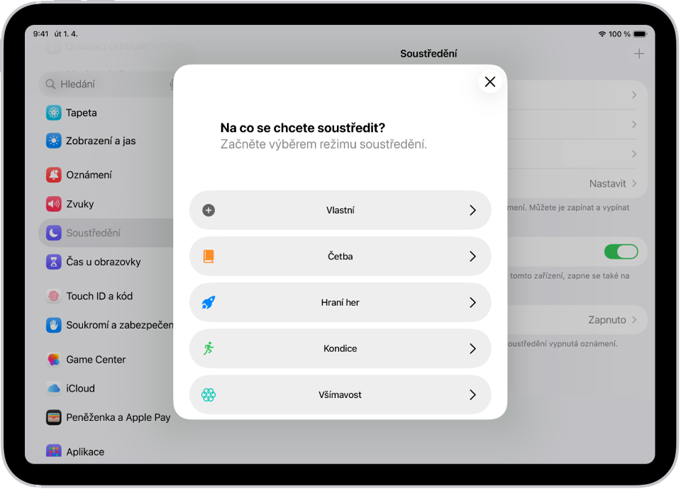 Obrazovka nastavení režimu soustředění pro další dostupné režimy soustředění: Vlastní, Kondice, Hraní her, Všímavost a Četba