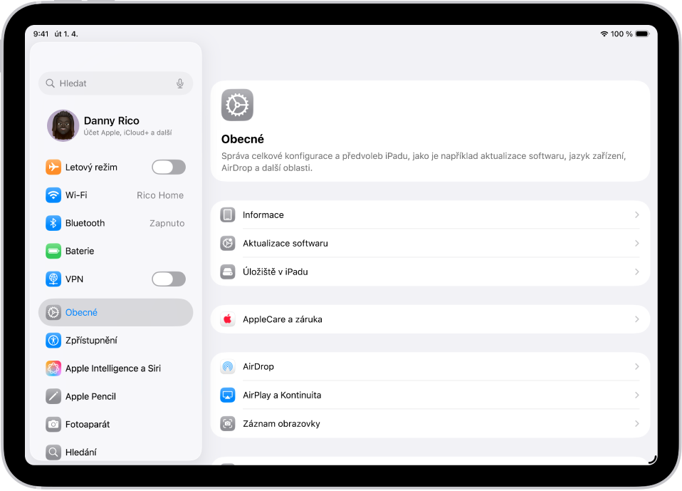 Plocha iPadu s ikonami několika aplikací, mimo jiné s ikonou aplikace Nastavení; po klepnutí na tuto ikonu můžete změnit hlasitost zvuku iPadu, jas displeje a další parametry
