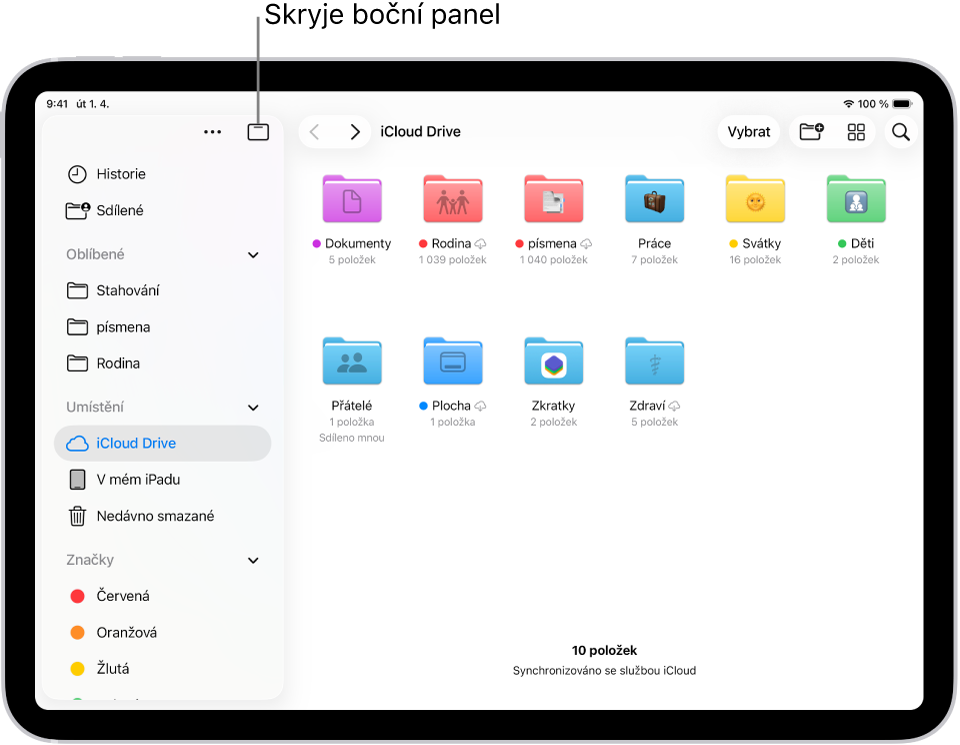 V aplikaci Soubory se zobrazují soubory a složky uložené na iCloud Drivu. U horního okraje jsou umístěná tlačítka pro výběr položek, vytvoření nové složky, změnu zobrazení (Seznam, Ikony, Sloupce) a hledání.
