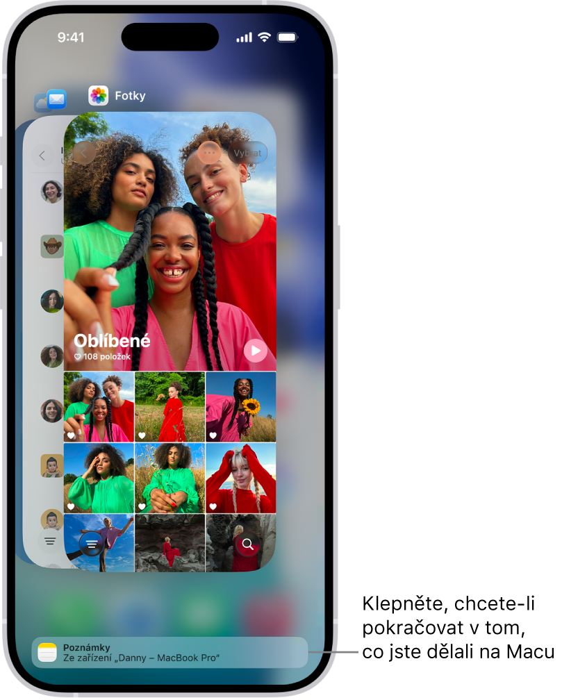 Přepínač aplikací na iPhonu s oznámením Handoffu u dolního okraje displeje