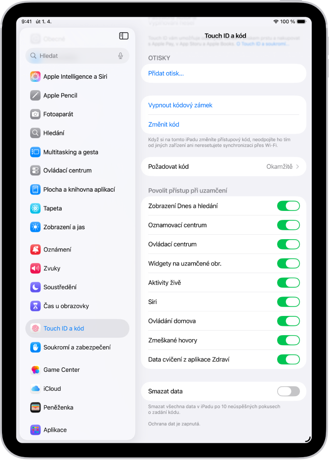 Nastavení Face ID a kód s volbami pro povolení přístupu ke konkrétním funkcím, když je iPad zamknutý