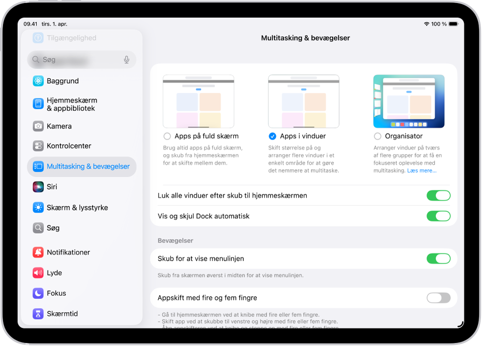 Et vindue på iPad viser indstillingerne til Multitasking og bevægelser.