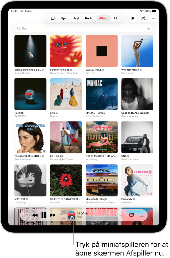 Fanen Album, der viser miniafspilleren nederst. Miniafspilleren viser titlen på den sang, der afspilles.