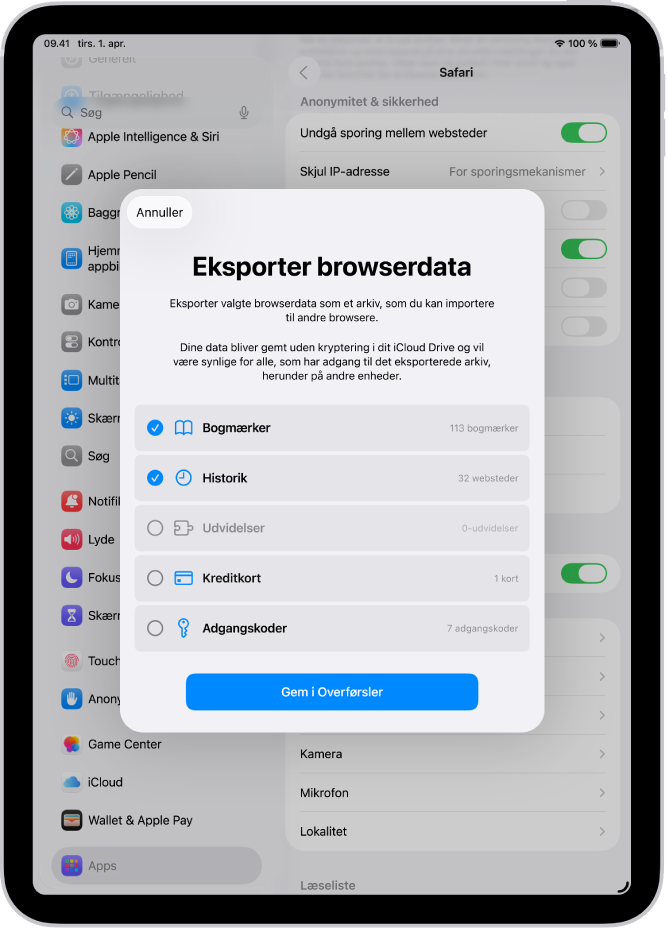Skærmen Eksporter browserdata, som viser de data, der kan eksporteres fra Safari til en anden browser.