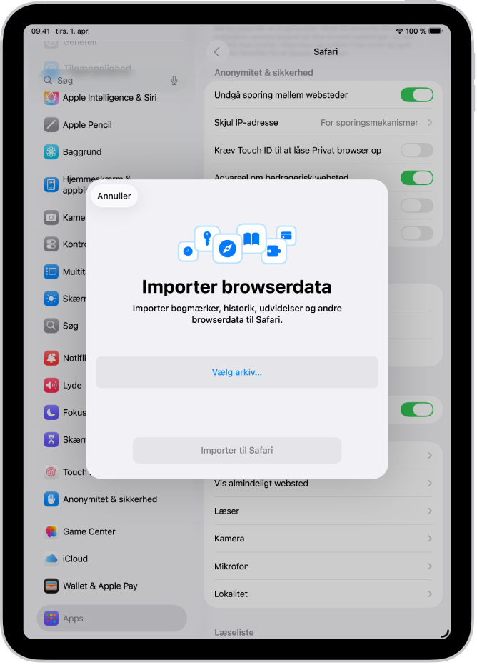 Skærmen Importer browserdata, som viser data fra en anden browser, der skal importeres til Safari.