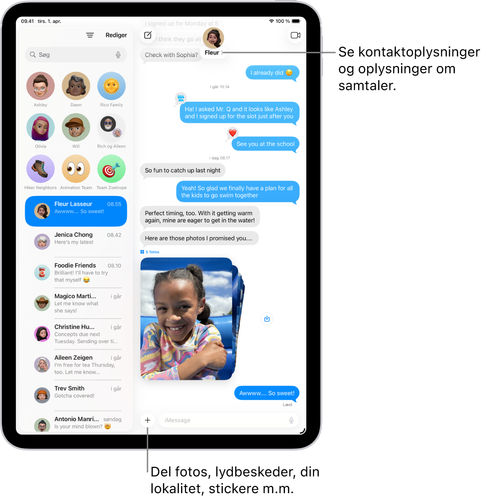 En samtaleliste i Beskeder til venstre og en samtaletransskription til højre. Øverst åbner et tryk på kontaktsymbolet samtaleoplysningerne.