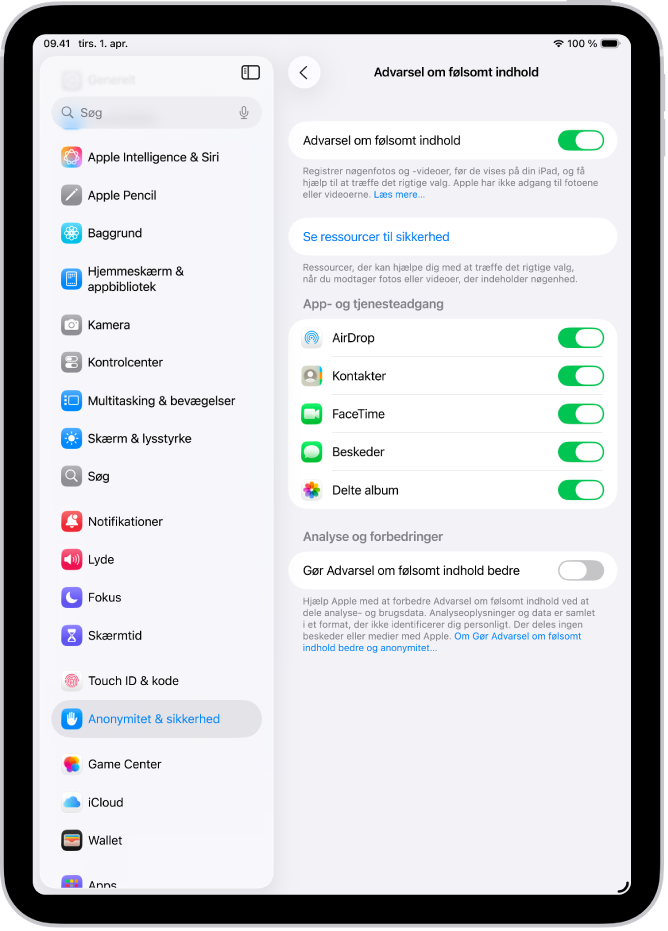 Indstillingerne til Advarsel om følsomt indhold med knappen Se ressourcer til sikkerhed og knappen Forbedring af Advarsel om følsomt indhold til deling af analyse- og brugsdata med Apple.