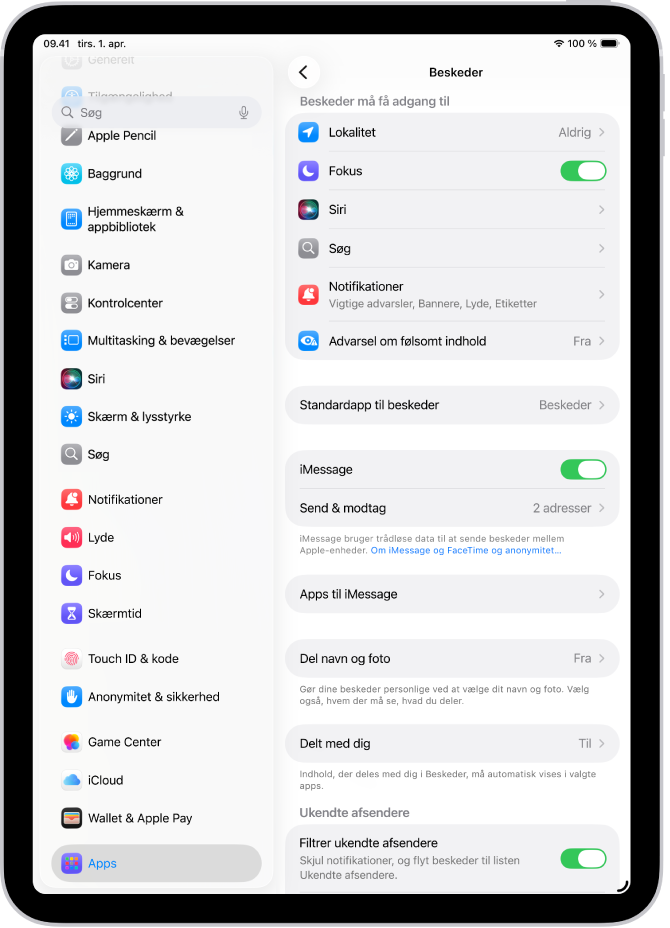 Indstillingsvinduet i Beskeder med iMessage slået til.