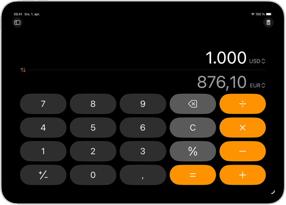 Den almindelige lommeregner med en valutaomregning.