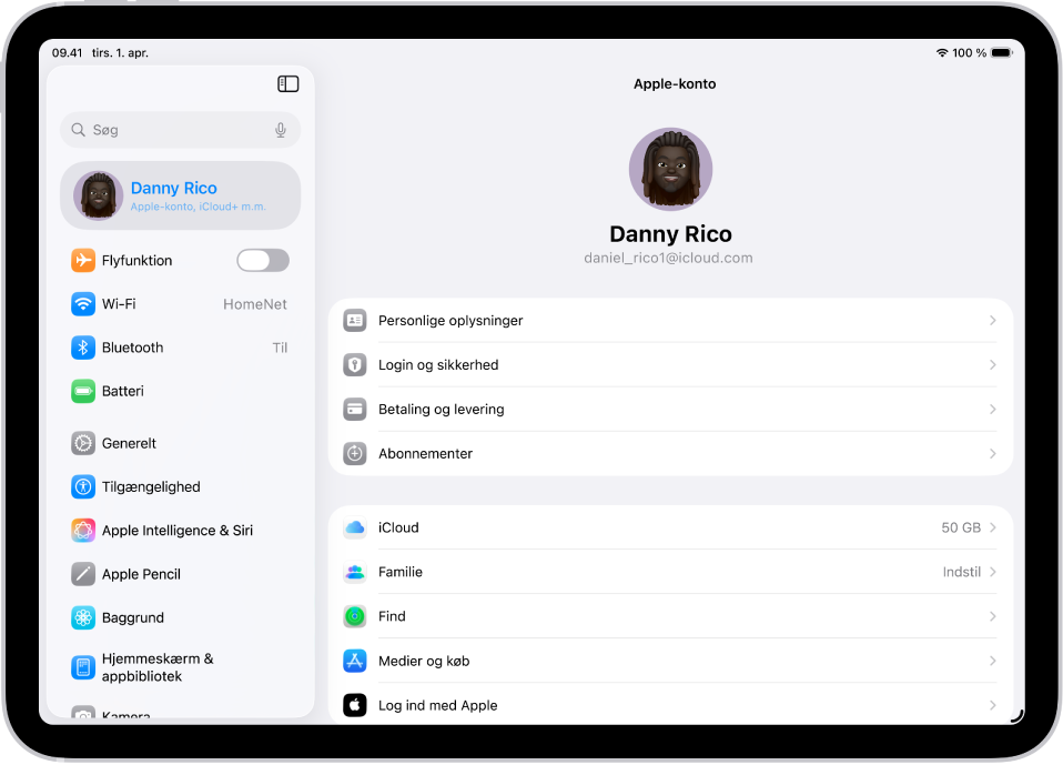 Indstillingerne til Apple-konto, der viser en liste med muligheder, herunder personlige oplysninger, abonnementer, Find m.m.