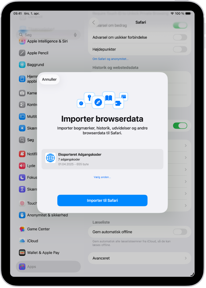Skærmen Importer browserdata, som viser CSV-arkivet med adgangskoder, som skal importeres fra en anden adgangskodeapp.