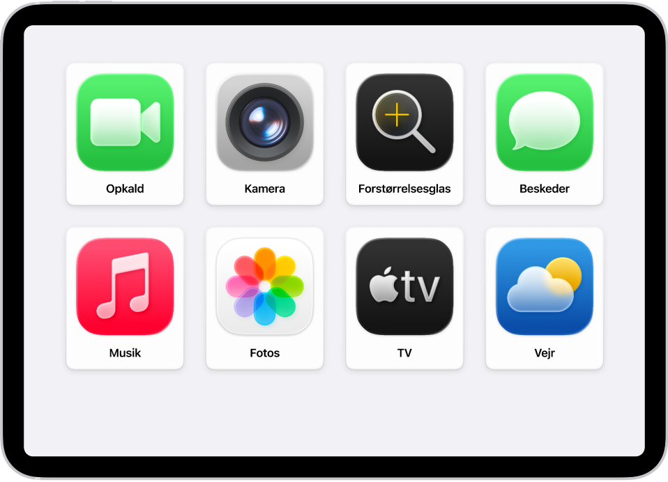 En iPad, der viser hjemmeskærmen til Let tilgængelighed med et stort net af apps.