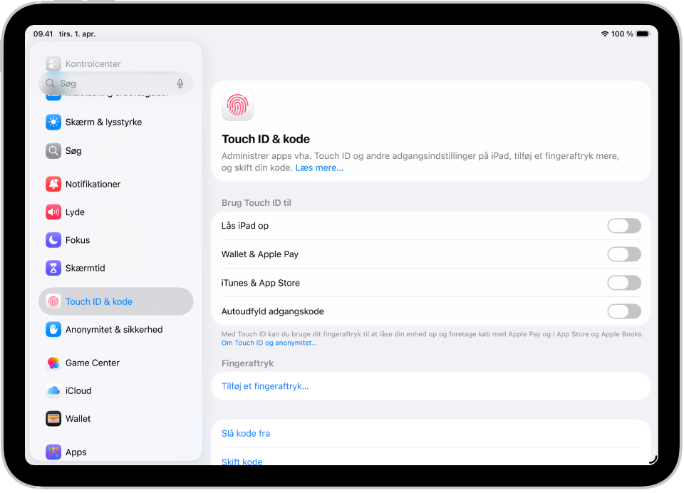 En skærm, der viser indstillinger til Touch ID og kode med muligheder for at tilføje et fingeraftryk og slå kode til.