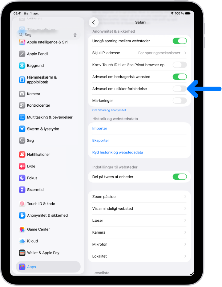 Indstillingen Advarsel om usikker forbindelse under Anonymitet & sikkerhed på Safari-skærmen i Indstillinger.