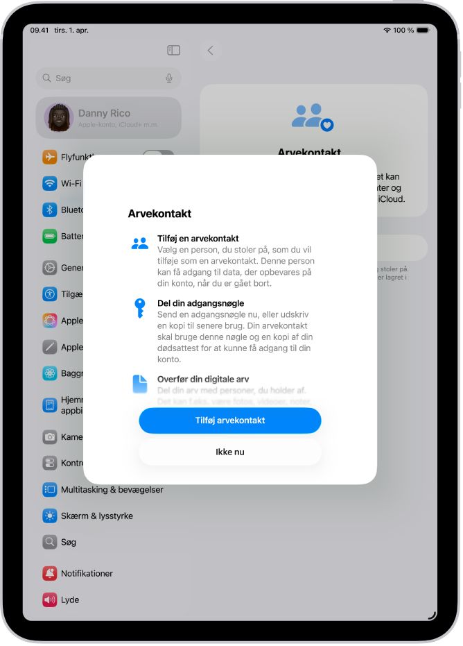 Skærmen Arvekontakt med oplysninger om funktionen. Knappen Tilføj arvekontakt er placeret nederst.