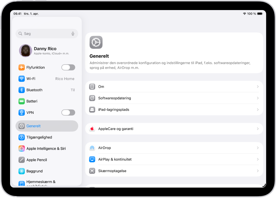 Hjemmeskærmen på iPad med adskillige symboler, herunder symbolet for appen Indstillinger, som du kan trykke på for at ændre lydstyrken, skærmens lysstyrke m.m. på din iPad.