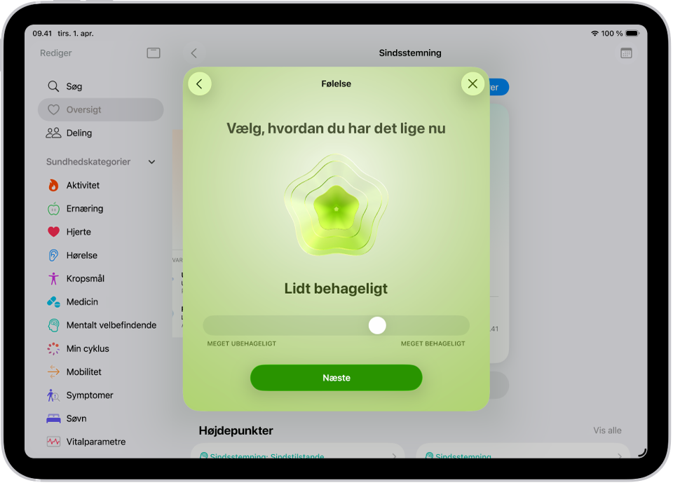 En skærm i appen Sundhed, der identificerer den aktuelle sindstilstand med ordene Lidt behageligt. Nederst på skærmen er der et mærke til justering af følelsens niveau.