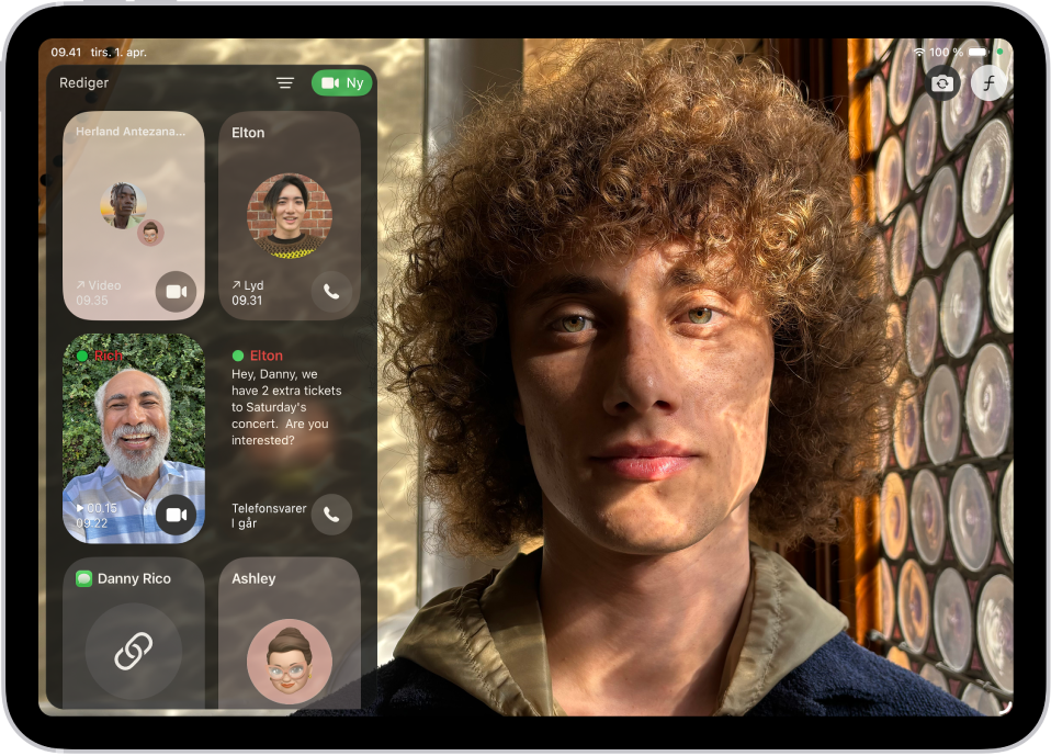 Opkaldshistorikken i FaceTime viser et FaceTime-gruppeopkald, et lydopkald, en videobesked, en lydbesked og et link til et FaceTime-opkald.