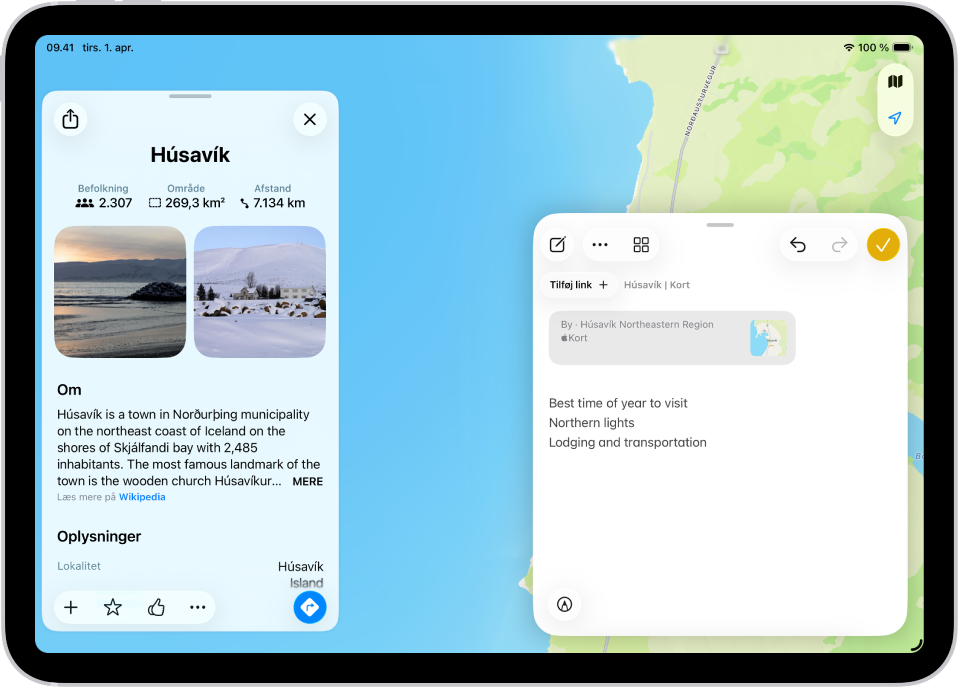 En hurtignote i en overligger til et vindue med et kort over Island. Noten har tekst og en mulighed for at linke til kortet.