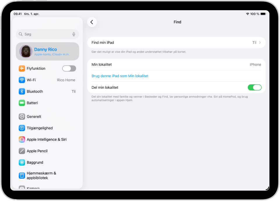 En skærm, der viser indstillinger til appen Find med muligheder for at slå Find min iPad og Del min lokalitet til.