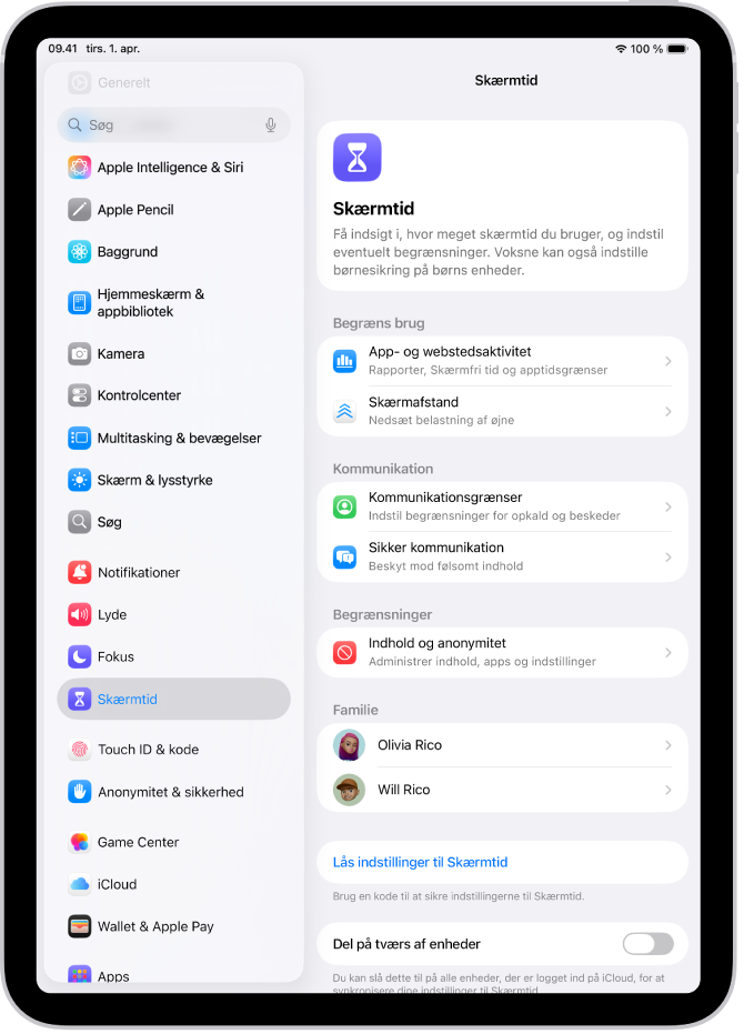 Skærmen til indstilling af Skærmtid viser, at du trykker på App- og webstedsaktivitet for at komme i gang.