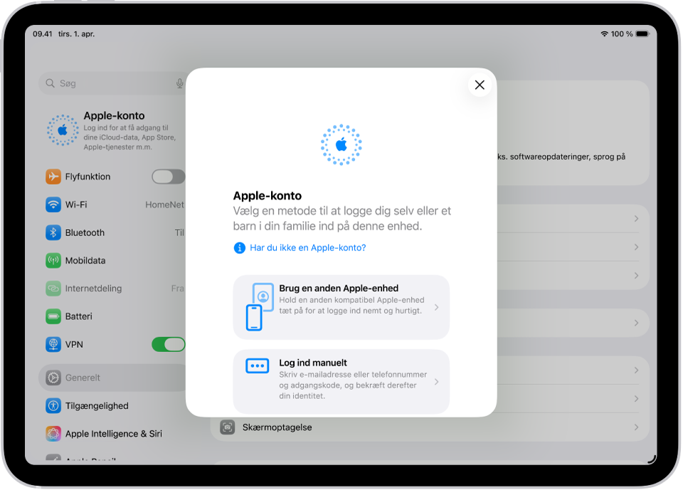 Skærmen Indstillinger med logindialogen til Apple-konto midt på skærmen.