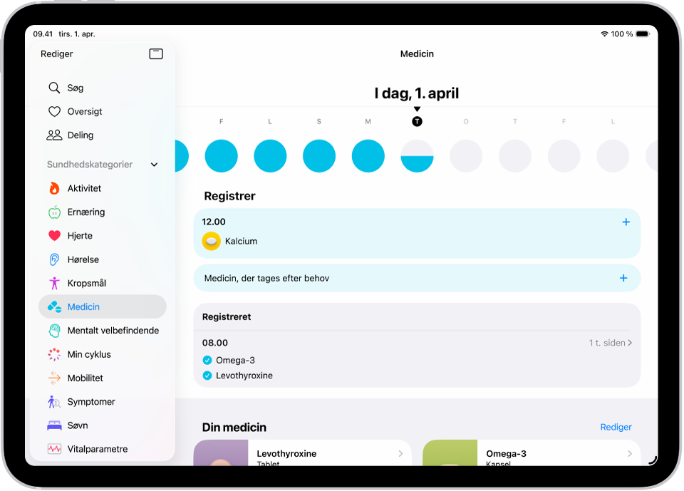 Skærmen Medicin i Sundhed viser datoen og et logarkiv for medicin.