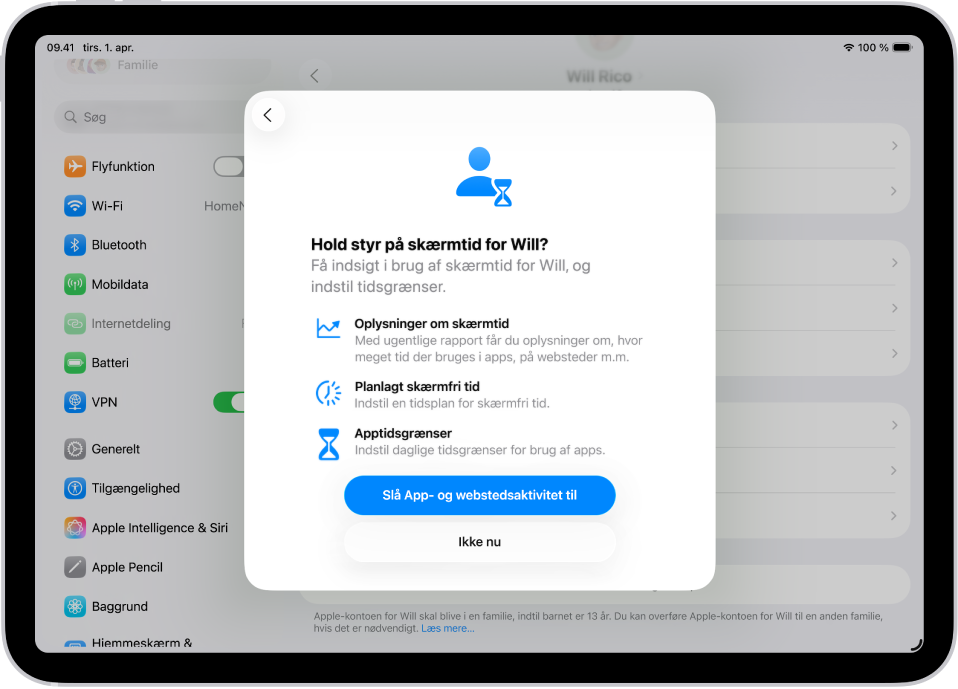 Skærmen Indstillinger med et vindue, der viser indstilling af Skærmtid.