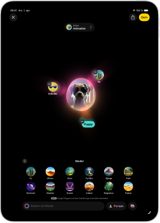 Image Playground-vinduet viser et oprettet billede af en hund med solbriller på.