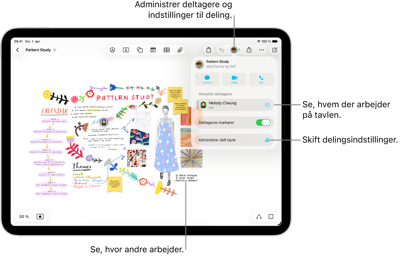 En delt Freeform-tavle på iPad, hvor menuen til samarbejde er åben, og placeringen af andre deltagere på tavlen er markeret med farvede hak.