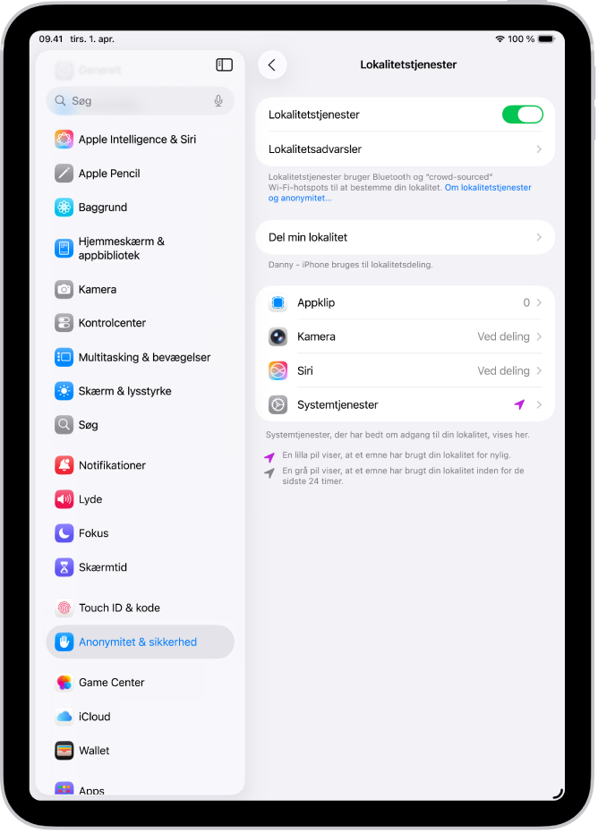 Skærmen Lokalitetstjenester med indstillinger til at dele lokaliteten for din iPad med apps.