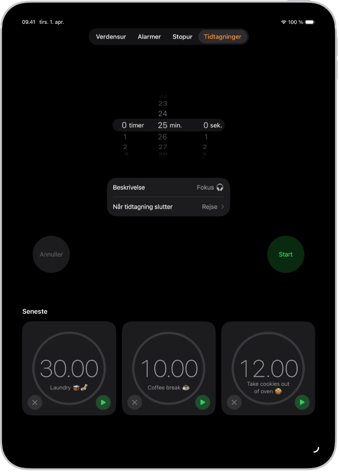 Fanen Tidtagninger, som viser indstillinger til indstilling af en tidtagning. En nyligt oprettet tidtagning er under indstillingerne til tidtagning. Knapperne Verdensur, Alarm, Stopur og Tidtagninger findes langs med bunden.