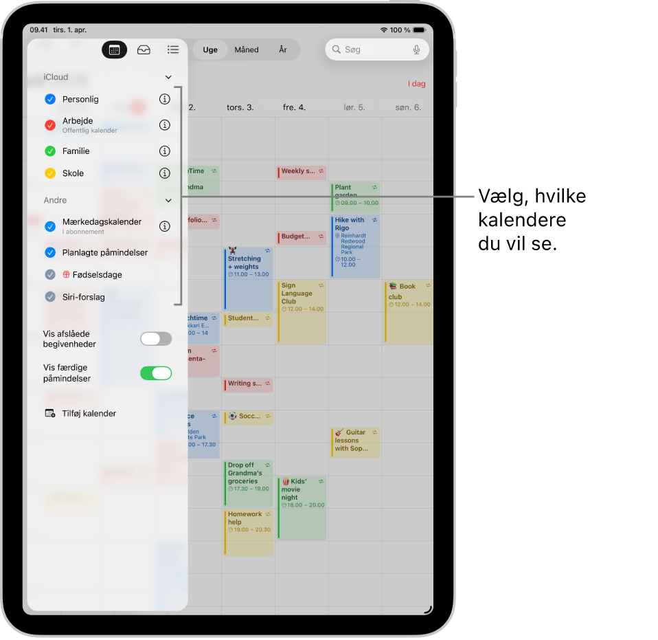 Kalenderlisten med flueben, som viser, hvilke kalendere der er aktive. Knappen OK til at lukke listen findes i øverste højre hjørne. Knappen Tilføj kalender ses i nederste venstre hjørne.