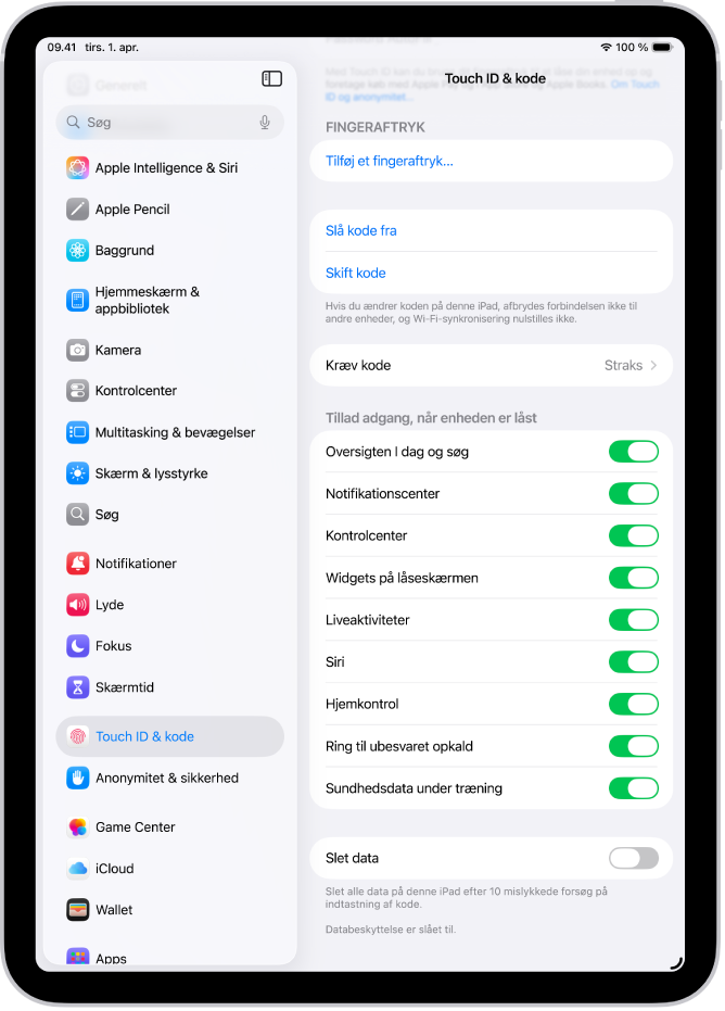 Indstillingerne til Face ID & kode med muligheder for at tillade adgang til bestemte funktioner, når iPad er låst.