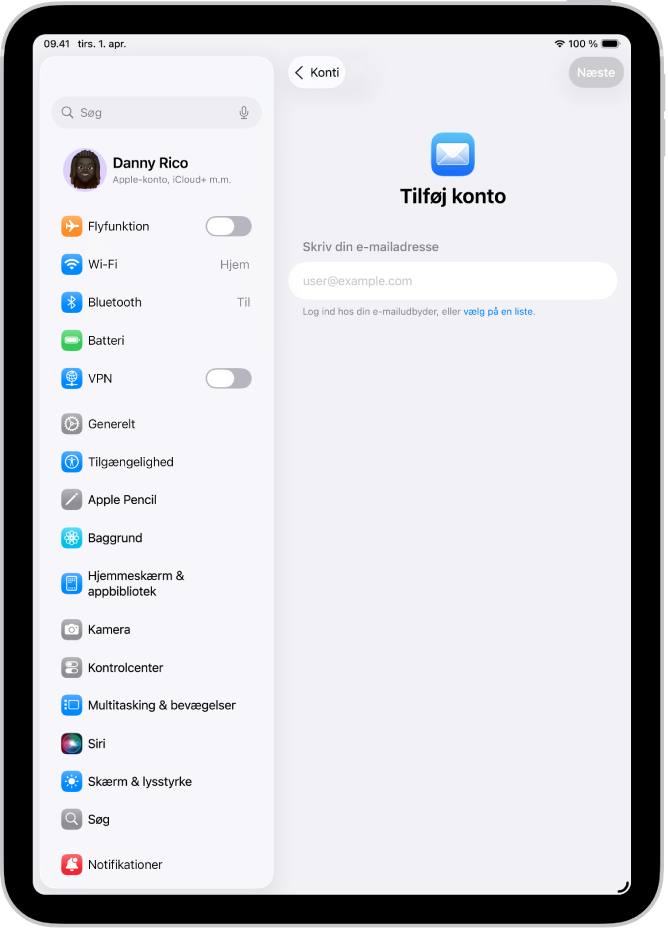 Skærmen Tilføj konto viser et felt, hvor du kan skrive din e‑mailadresse.
