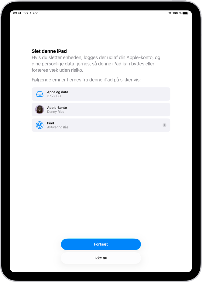 Skærmen Slet denne iPad.