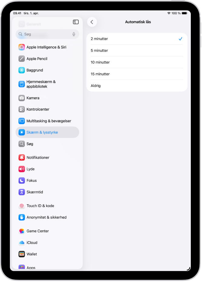 Skærmen Automatisk lås med indstillinger til, hvor lang tid der skal gå, før iPad automatisk låses.