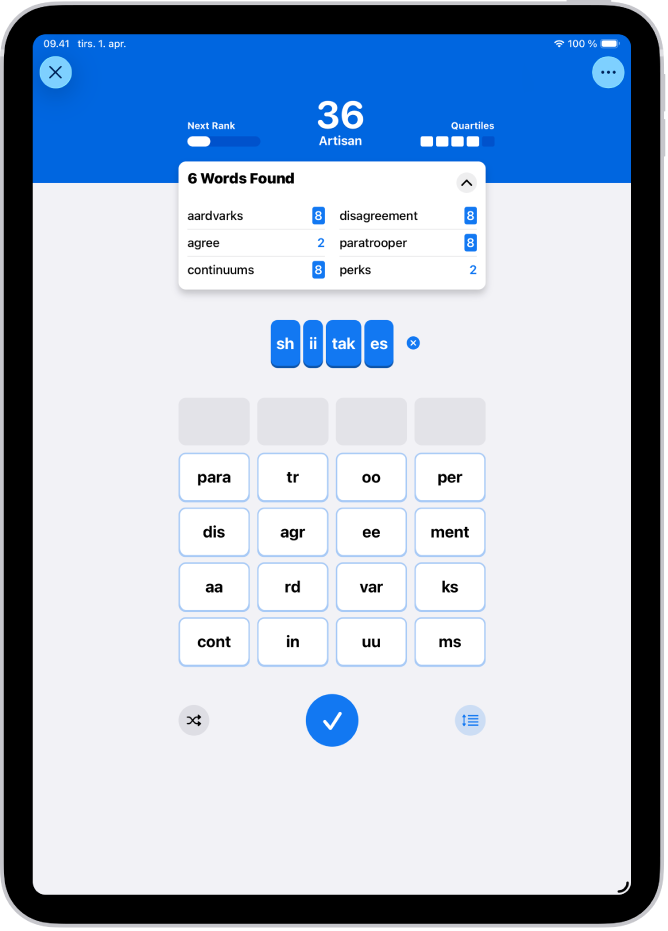 En Quartiles-opgave i appen News.