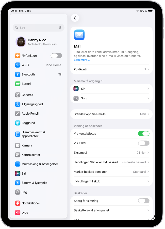 Skærmen med indstillinger til Mail.