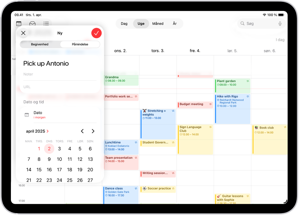 En kalender i ugeoversigt viser vinduet til at oprette en påmindelse.