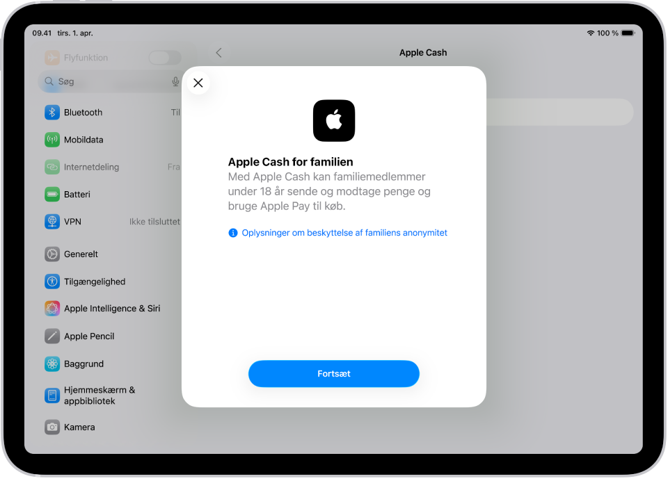 Skærmen Indstillinger med indstillingsdialogen til Apple Cash Family midt på skærmen.