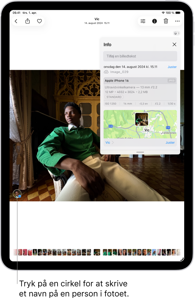 På iPad-skærmen vises et foto, der er åbent i appen Fotos. I det nederste venstre hjørne af fotoet er der en miniature af personen på fotoet.