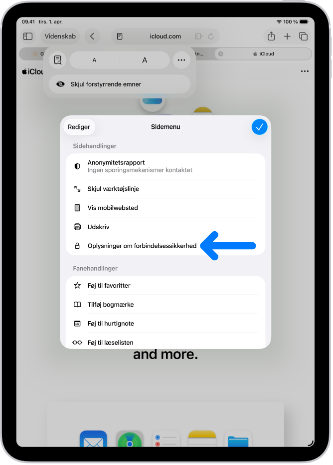 Sidemenuen er åben i Safari, og indstillingen Oplysninger om forbindelsessikkerhed er midtvejs nede på siden.